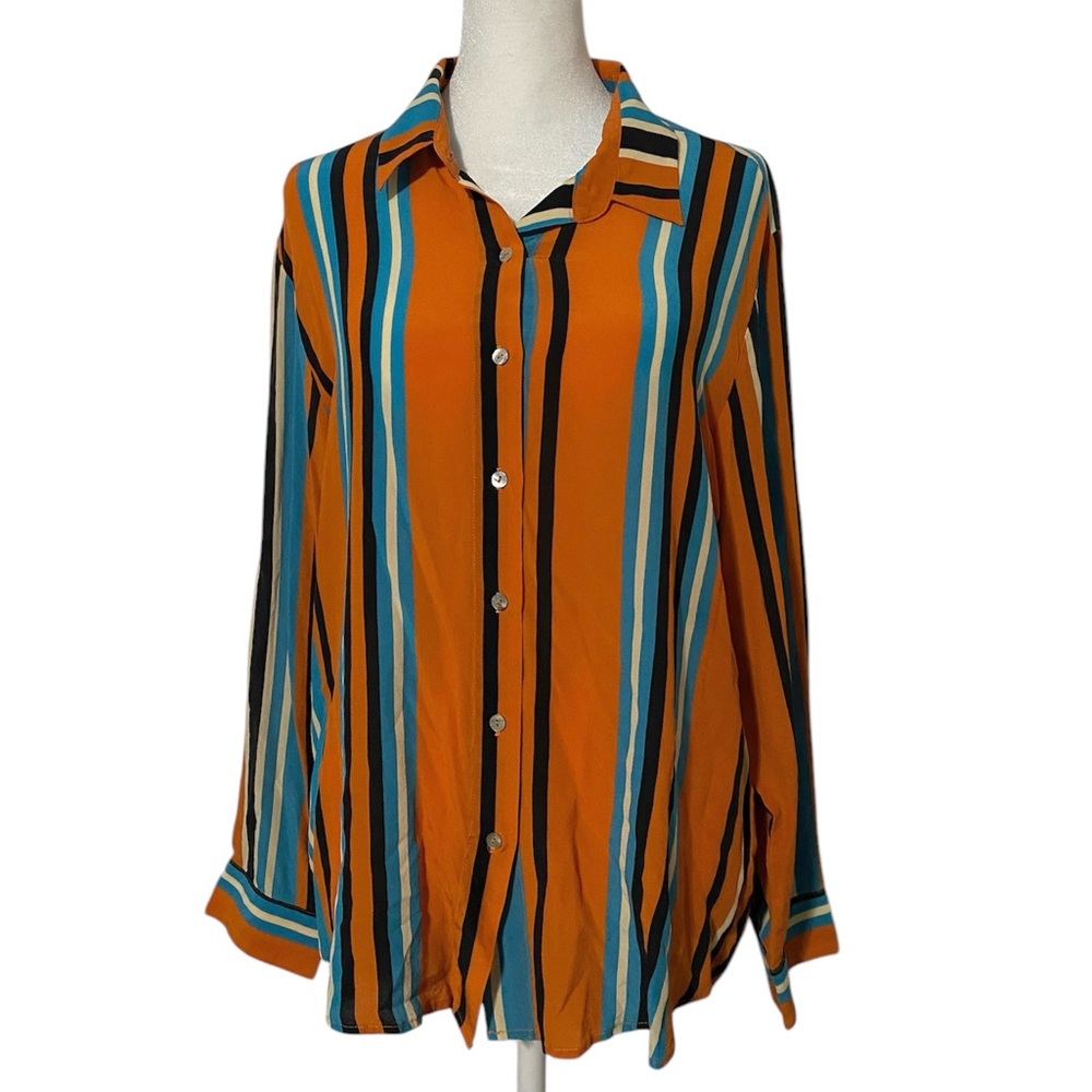 Cold Posh 100% Pure Mulberry Silk Orange & Blue Button Up Blouse
